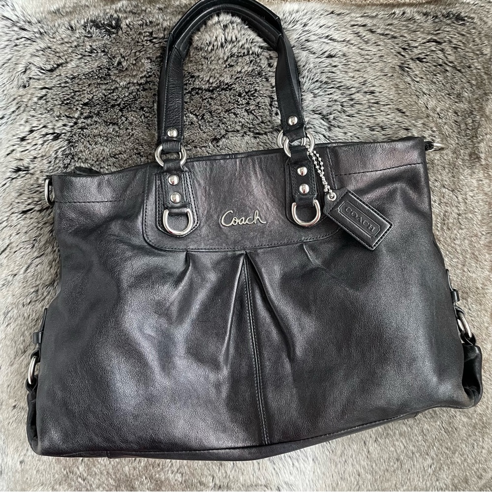 Coach Ashley Leather Black Satchel bag with silver hardware.